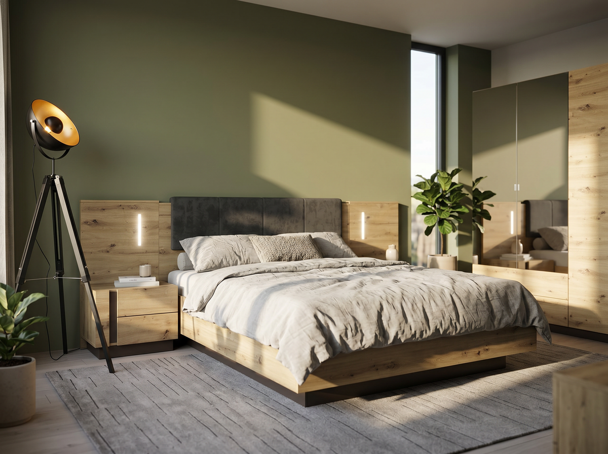 Bright bedroom with a wooden Armelia bed in natural oak with a dark grey upholstered headboard, matching bedside tables, a wardrobe, a grey Linaro rug and a black Reflecto floor lamp