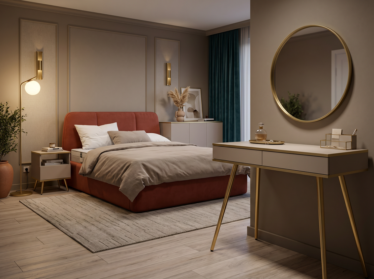 Cosy bedroom with a brick-red Elle upholstered bed, a beige Meva chest of drawers and dressing table with gold legs, a light Linaro rug and a gold Orbitella floor lamp