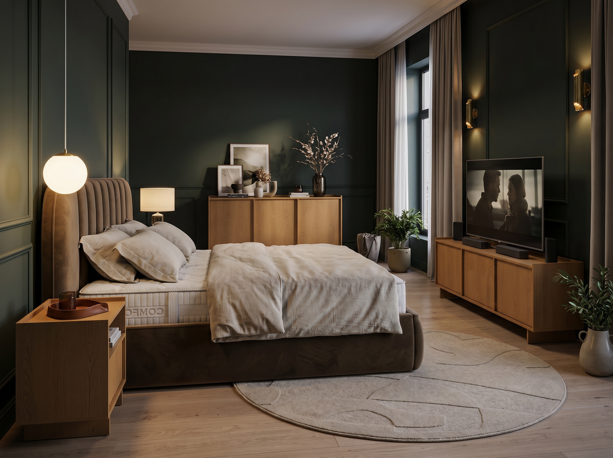 Elegant bedroom with a brown Carla upholstered bed, a wooden Kiyro chest of drawers, TV unit and bedside table and a light round Noria rug