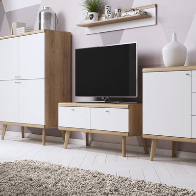 Lato TV Unit / TV Stand 107x50, Scandinavian Style – Riviera Oak, Wooden Legs, MDF Fronts – in a room setting