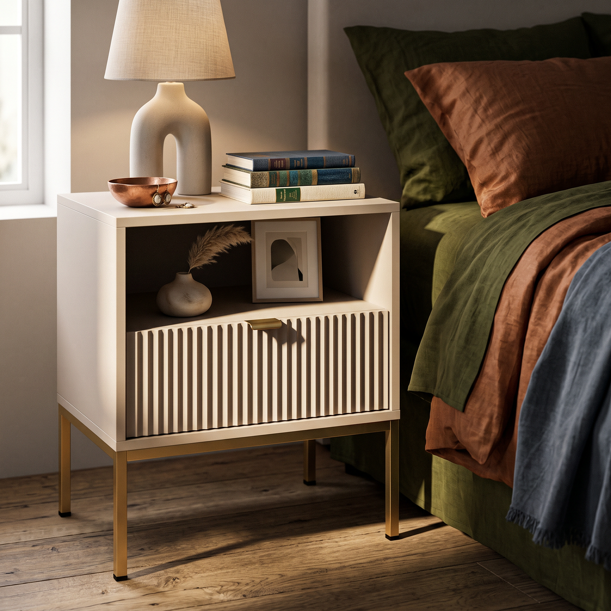 Roza Bedside Table with Drawer 54x56 cm, Glamour Style – in a room setting