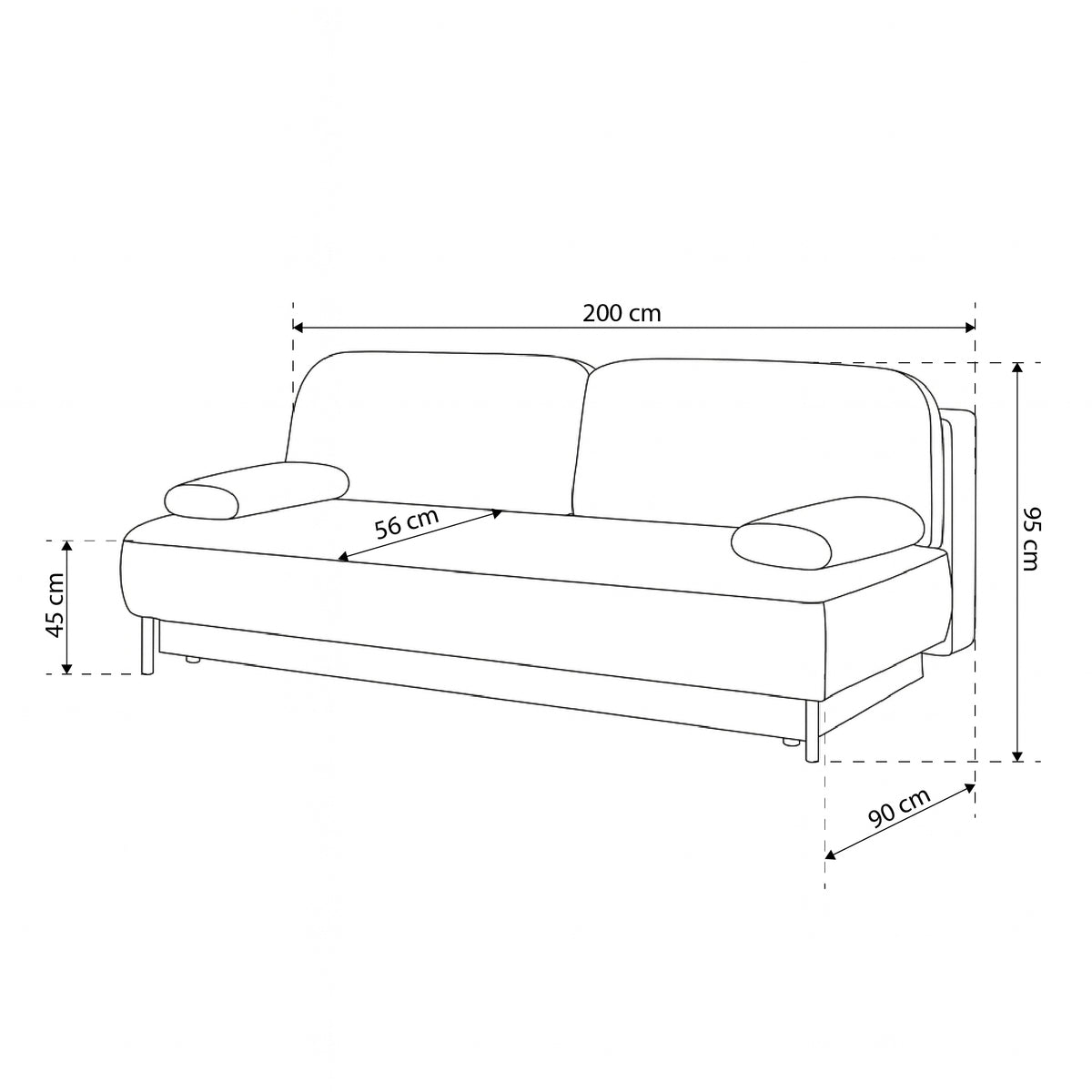 Tola 2 Seater Sofa Bed 140x200 with Storage, Modern Style – dimensions drawing