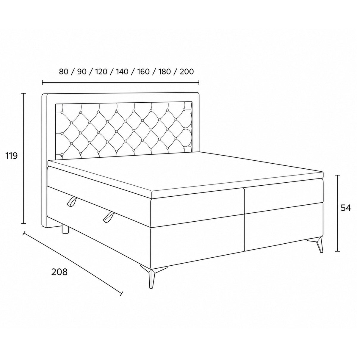 Rosselia Quilted Continental Divan Bed with Two Storage Compartments, Glamour Style – dimensions drawing