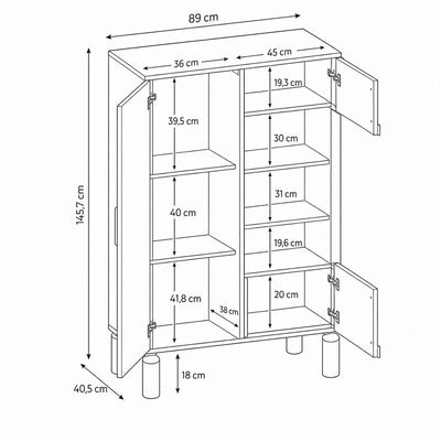 Fjord Display Cabinet 89x146 with Glass Front, Scandinavian Style – dimensions drawing