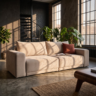 Zoria Sofa Bed 145 × 203 with Storage, Modern Style – in a room setting