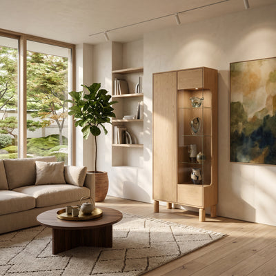 Hoge vitrinekast voor de woonkamer Fjord 89x197 met glas in Scandinavische stijl - in een interieurontwerp