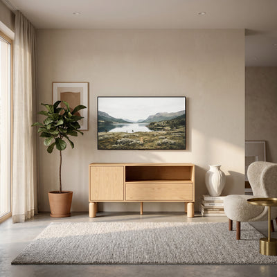 Fjord TV Unit / TV Stand 120x62 with a Drawer and an Open Compartment, Scandinavian Style – in a room setting