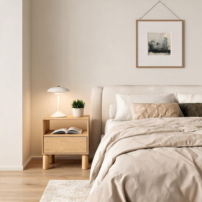 Fjord-nachtkastje 55x61 met lade en open nis in Scandinavische stijl - in een interieurstyling