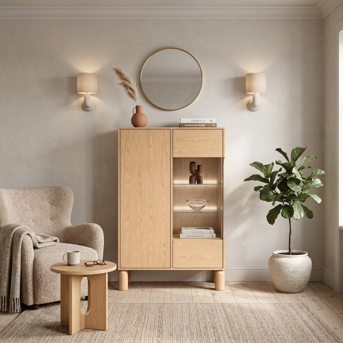 Fjord Display Cabinet 89x146 with Glass Front, Scandinavian Style – in a room setting