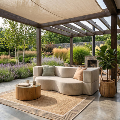 Moderne slaapbank Kamelia voor de tuin van schuim met slaapfunctie, van Harris-stof - in een interieurarrangement