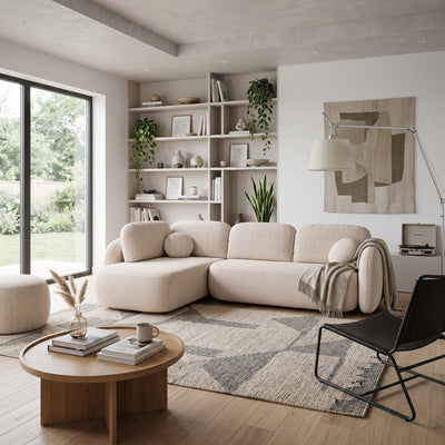 Olemo Corner Sofa Bed with Storage, Sleeping Area 123x250, Organic Modern – in a room setting