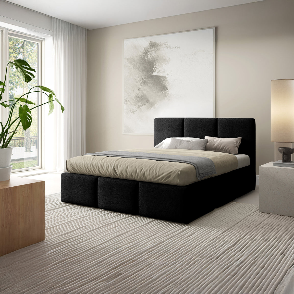 Melora Upholstered Ottoman Bed with Storage, Various Sizes in Modern Style 140x200, 160x200 and 180x200, Coral Fabric – in a room setting