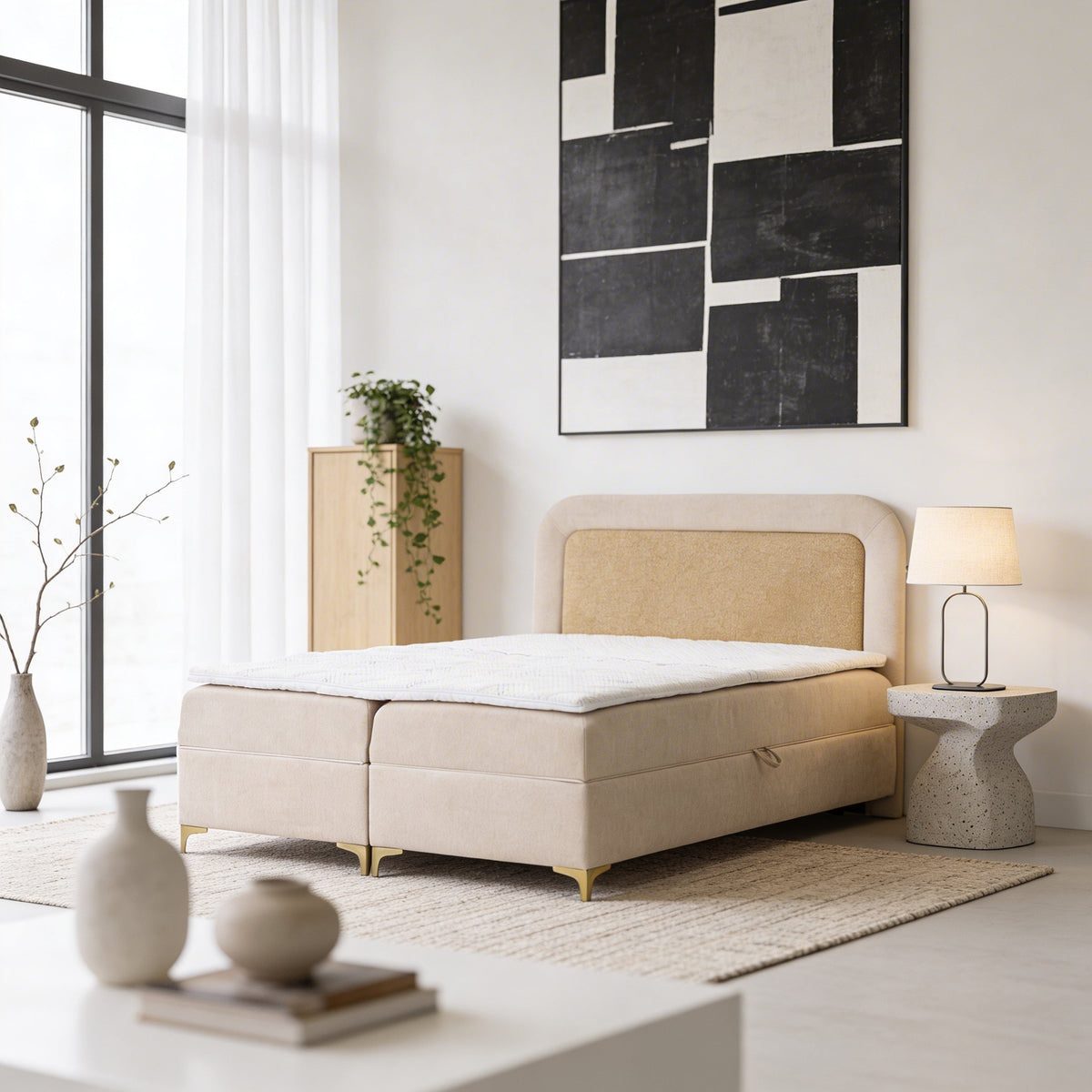 Mariel Continental Divan Bed with Mattress and Topper 140x200, 160x200 and 180x200, Various Sizes in Elegant Style – in a room setting