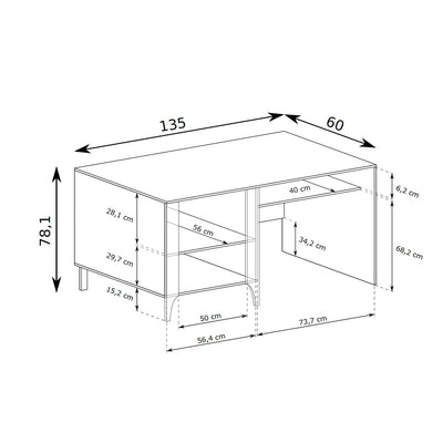 Bureau EKLIPSO 135x78 met afsluitbare kast in moderne stijl - maattekening | Pillovely
