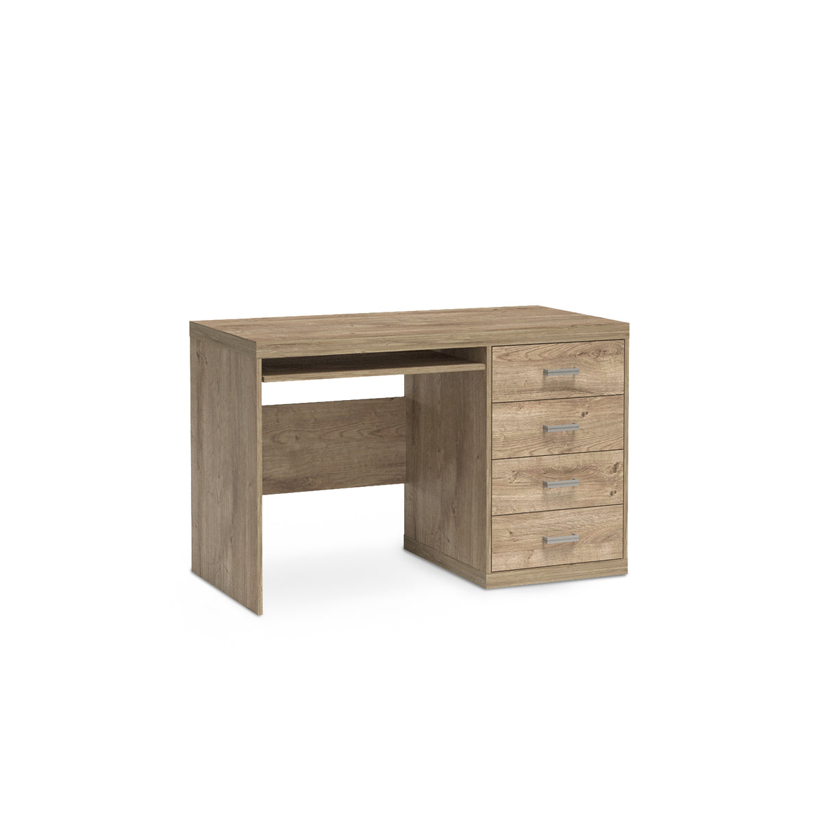 Bureau Korin 120x78 in eiken – bureau met 4 lades en uitschuifbare toetsenbordplank, schuin aanzicht