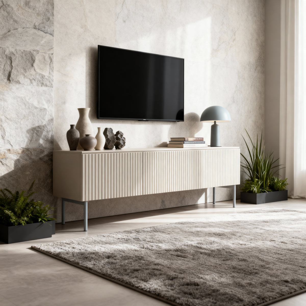 MuzZI TV Unit / TV Stand 147x51, Modern Style – in a room setting