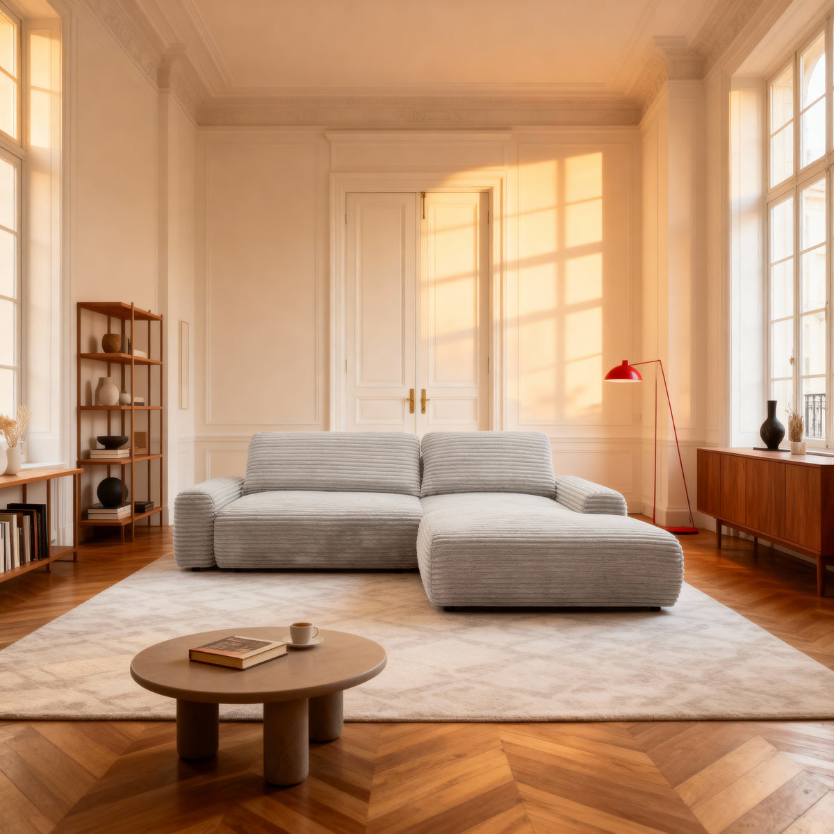 Dori Corner Sofa Bed with Storage 125x200, Modern Style – in a room setting