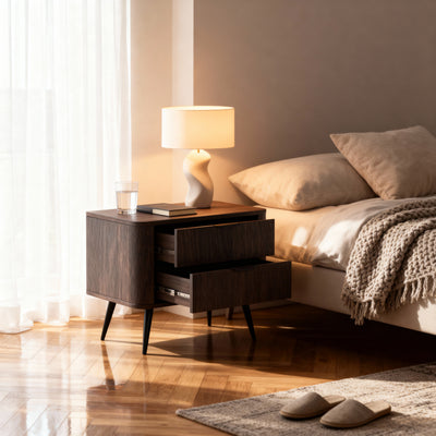Velia Bedside Table with 2 Drawers 63x55 cm, Soft Loft Style – in a room setting