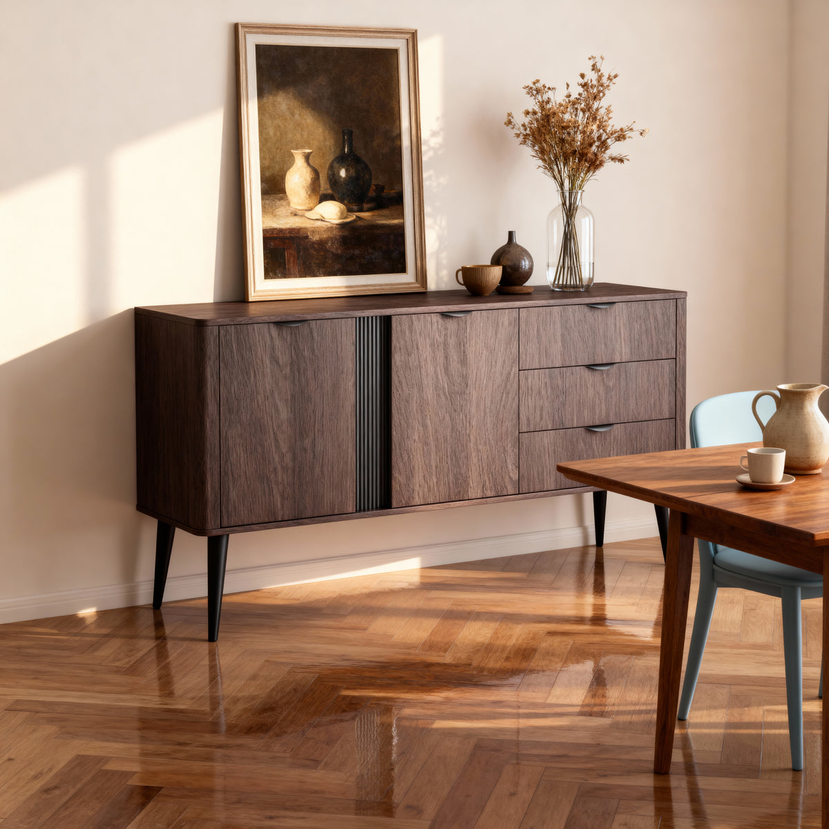 Velia Wide Sideboard 195x81 with Cabinets and Drawers, Soft Loft Style – in a room setting