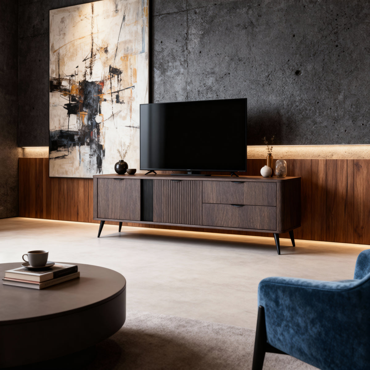 Velia TV Unit / TV Stand 195x61, Japandi Style – in a room setting