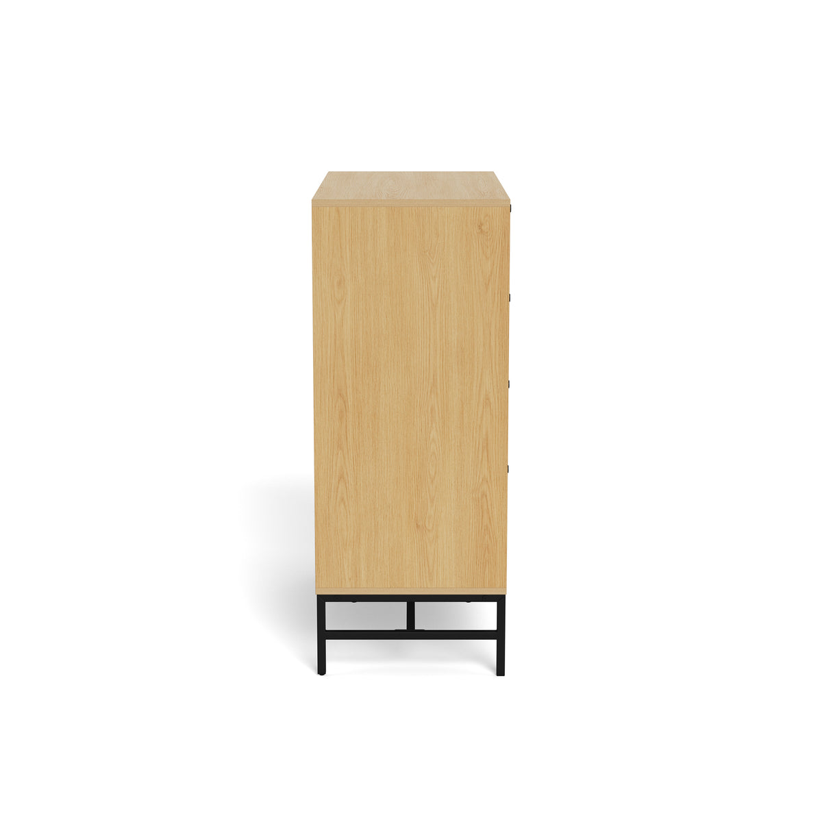 Bambouz-commode 81x100 – zijaanzicht van de gladde zijkant in eikenkleur en het stalen onderstel