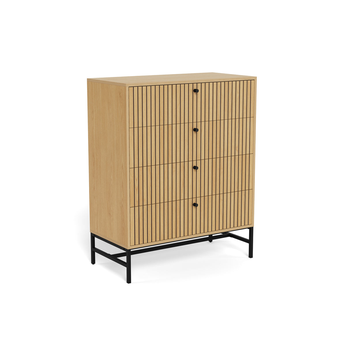 Bambouz-commode 81x100 in eikenkleur – schuin aanzicht op vier lamel-lades en een zwarte voet