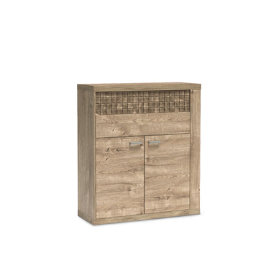 Dressoir Korin 102x119 in eiken – dressoir met lades, kastje en geribbelde front, schuin aanzicht