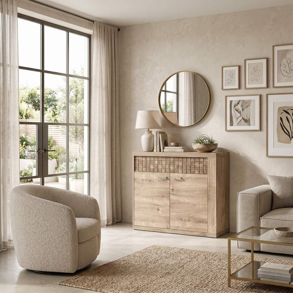 Dressoir Korin 102x99 in de woonkamer met beige muur, lamp en bouclé fauteuil – laag dressoir voor de woonkamer