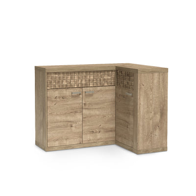 Dressoir Korin 132x99 in eiken – L-vormig hoekdressoir met geribbeld front, schuin aanzicht