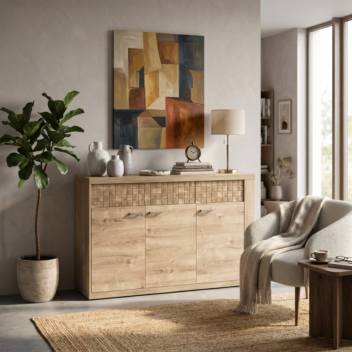 Dressoir Korin 147x99 in de woonkamer met schilderij, lamp en plant – breed dressoir voor een woonkamer in boho-stijl