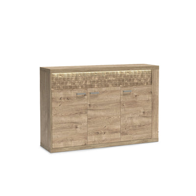 Dressoir Korin 147x99 met LED – warm licht boven de geribbelde front, dressoir met LED-verlichting