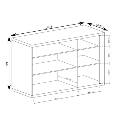 Dressoir Korin 147x99 – maattekening met breedte, hoogte en diepte