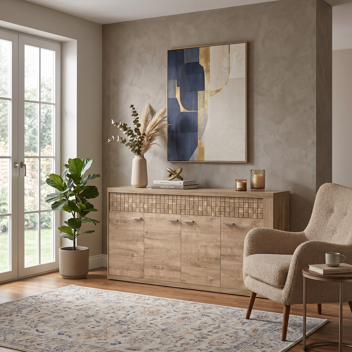 Dressoir Korin 192x99 in de woonkamer bij een tuinraam, naast een oorfauteuil – groot dressoir voor de woonkamer