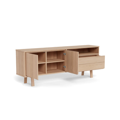 Lurisse-commode 200x75, gebleekt eiken, met open deuren en een lade – binnenkant met een scheidingswand en planken