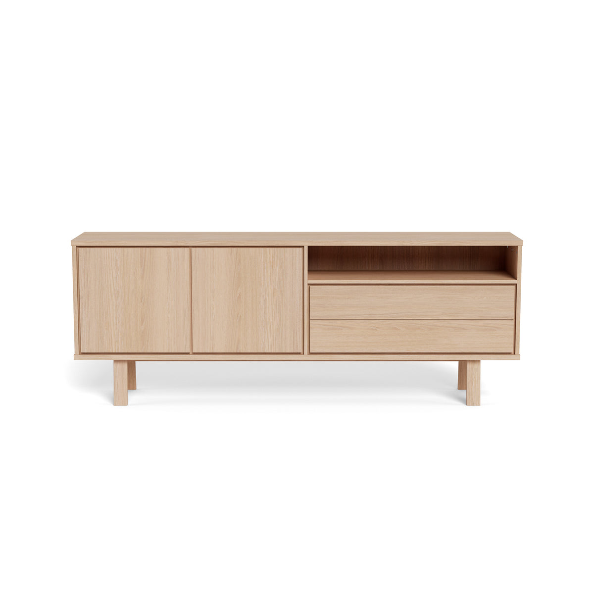 Lurisse-commode 200x75, gebleekt eiken – vooraanzicht, twee deuren en twee lades zonder handgrepen met push-to-open-functie