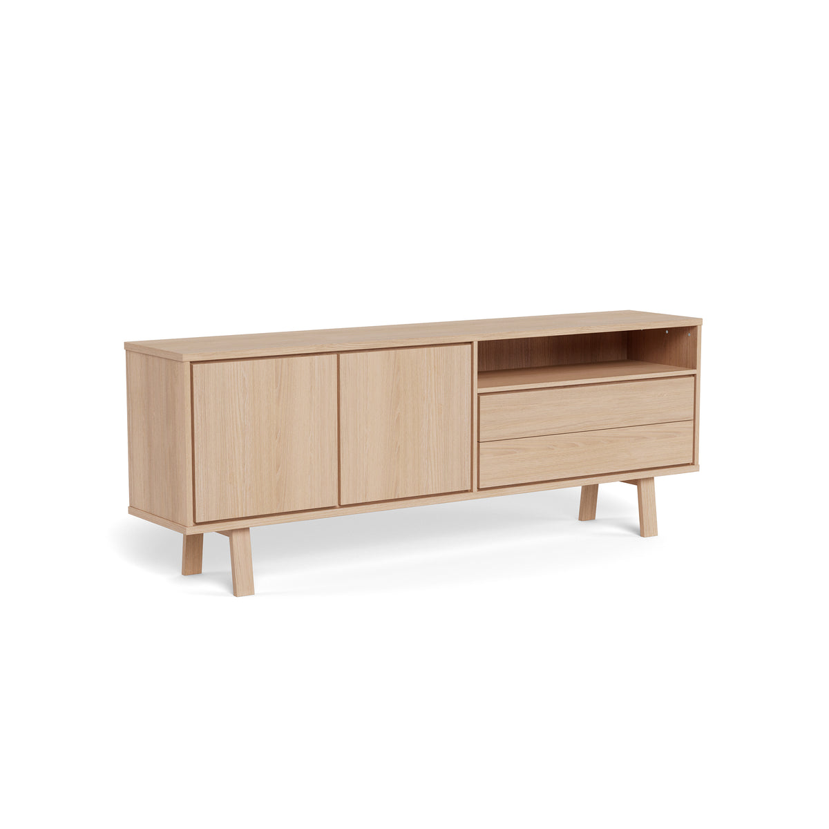 Lurisse-commode 200x75 gebleekt eiken – schuin aanzicht, Scandinavische commode met deuren, lades en een open vak