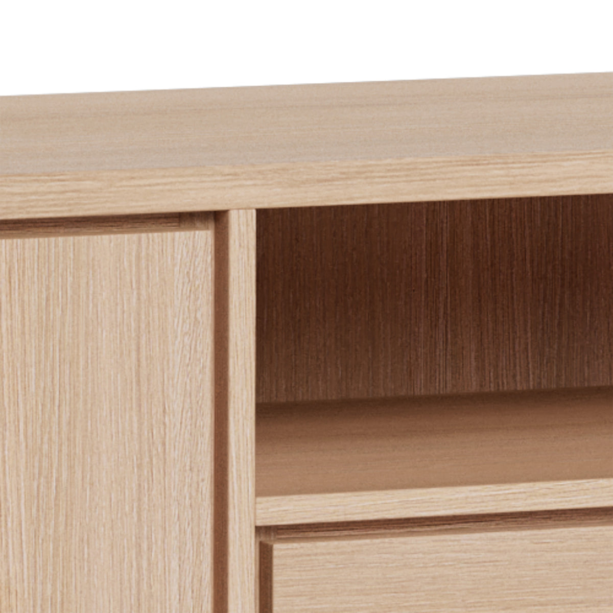 Lurisse-commode 200x75 gebleekt eiken – close-up van de nerf van het eikenfineer, de voorkant en het open vak