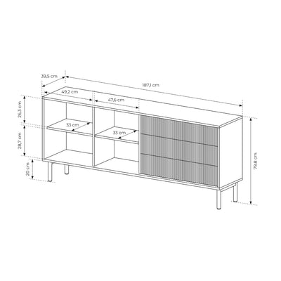 Viola 2-door Sideboard with 3 Drawers 187x80, Japandi Style – dimensions drawing