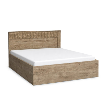 Bed Korin 160x200 in eiken – bed met opbergruimte en hoog hoofdbord met geribbeld front