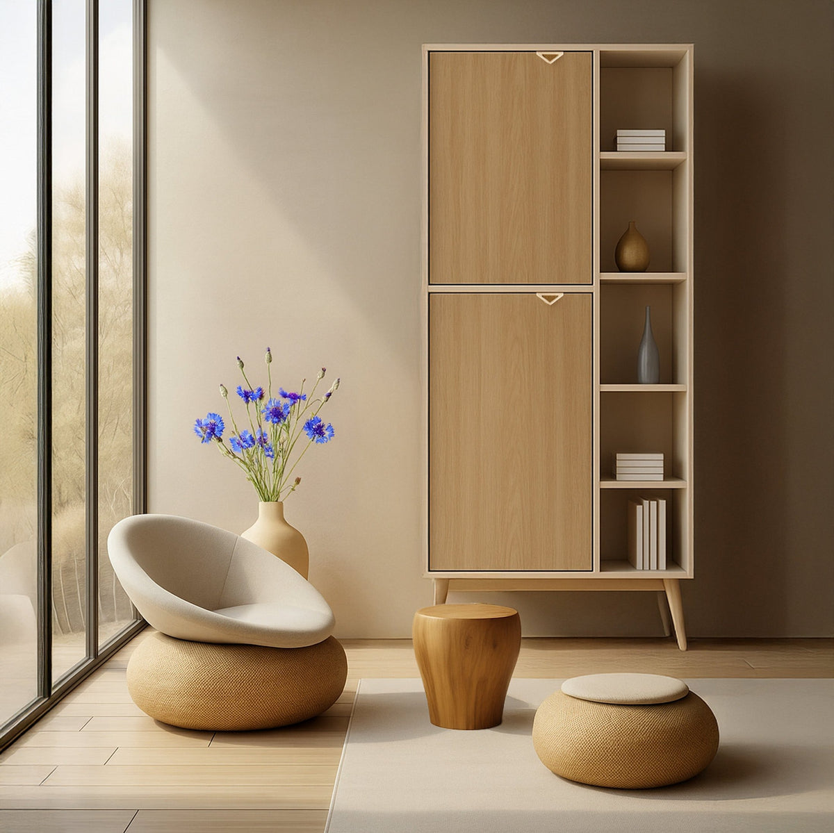 Mandala Bookcase 80x160 with Shelves and Cabinets, Japandi Style – photo 3