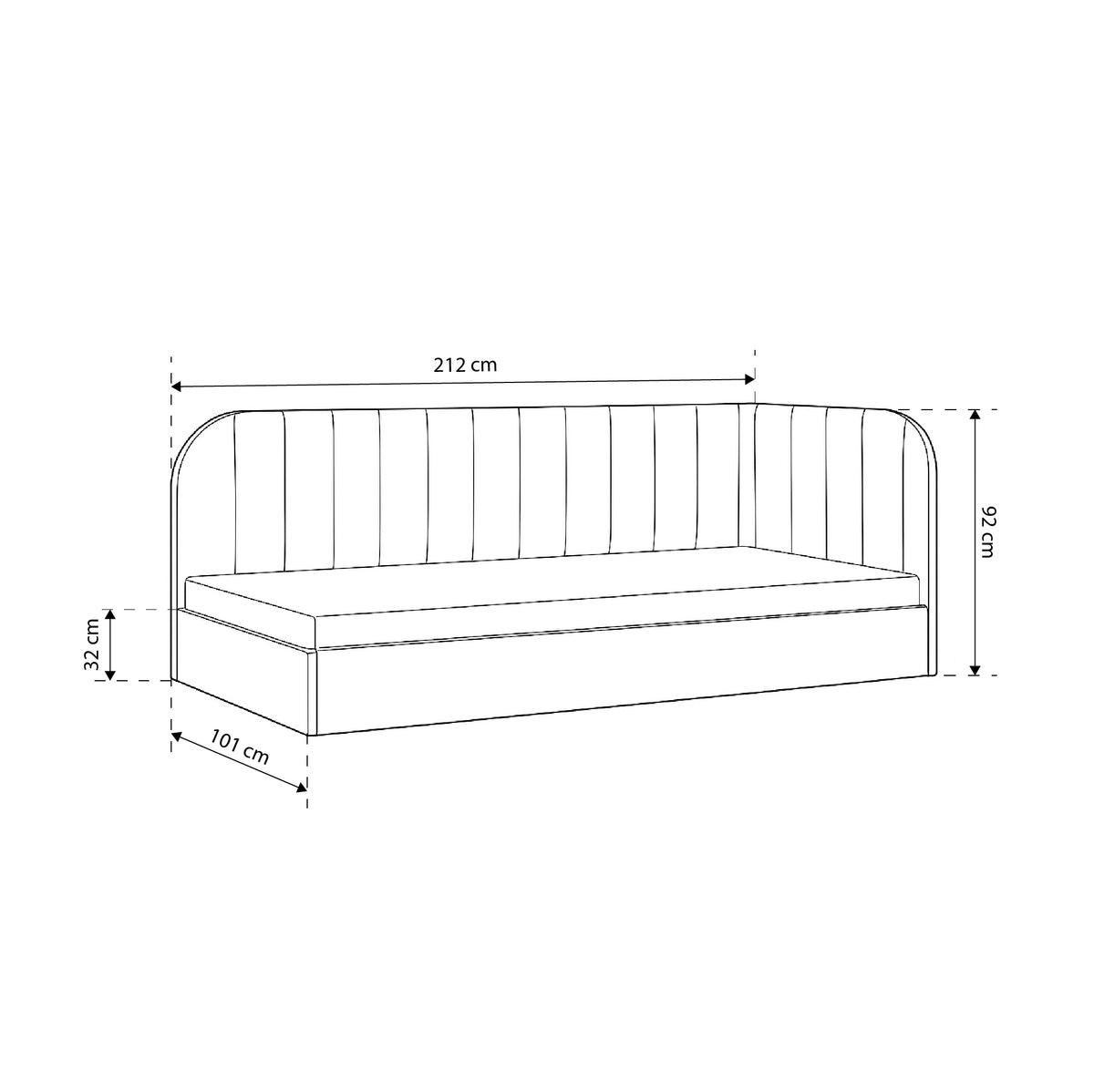 Mily Corner Ottoman Bed with Storage 101x212, Scandinavian Style – dimensions drawing