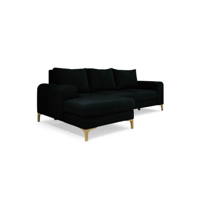 Arpelo-hoekbank 245x145, linkszijdig, Inktzwart (MANILA 18) op gouden poten – hoekbank voor de woonkamer