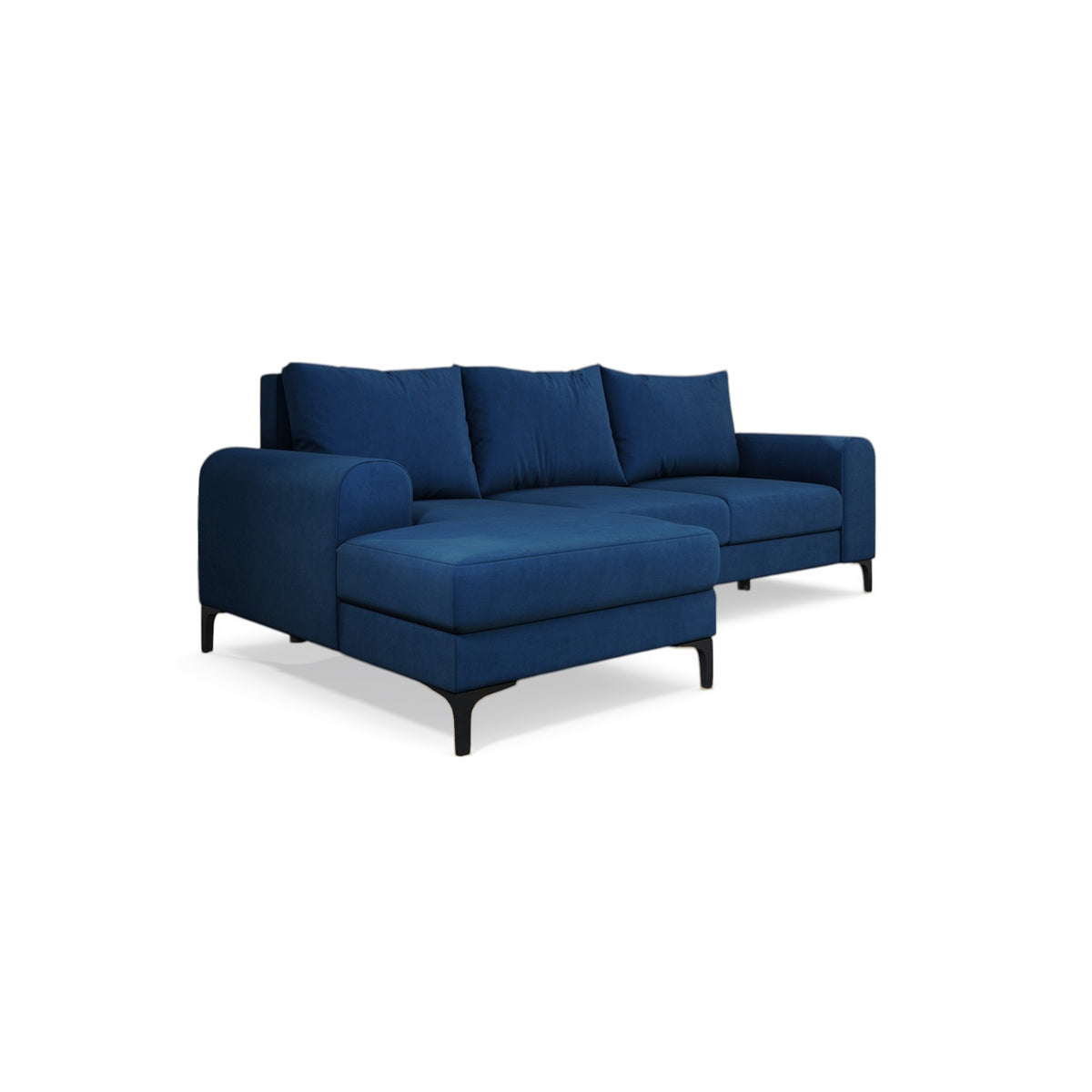 Arpelo-hoekbank 245x145, linkszijdig, kleur Nachtblauw (MANILA 26) op zwarte poten – moderne hoekbank met kussens