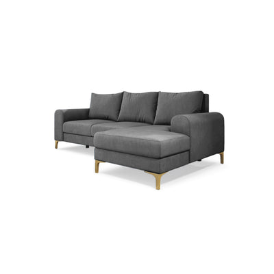 Arpelo-hoekbank 245x145, rechtszijdig, Staalgrijs (MANILA 16) op gouden poten – hoekbank met opbergruimte voor beddengoed