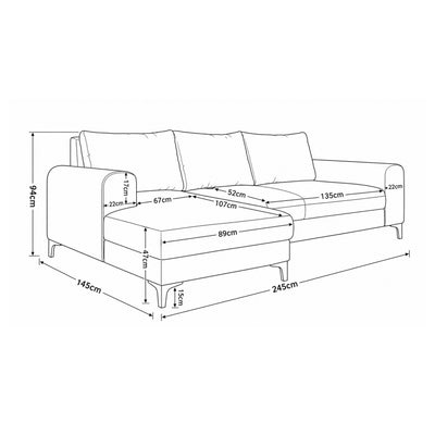 Arpelo-hoekbank 245x145 – maatschets met breedte, hoogte, zitdiepte en diepte van de chaise longue