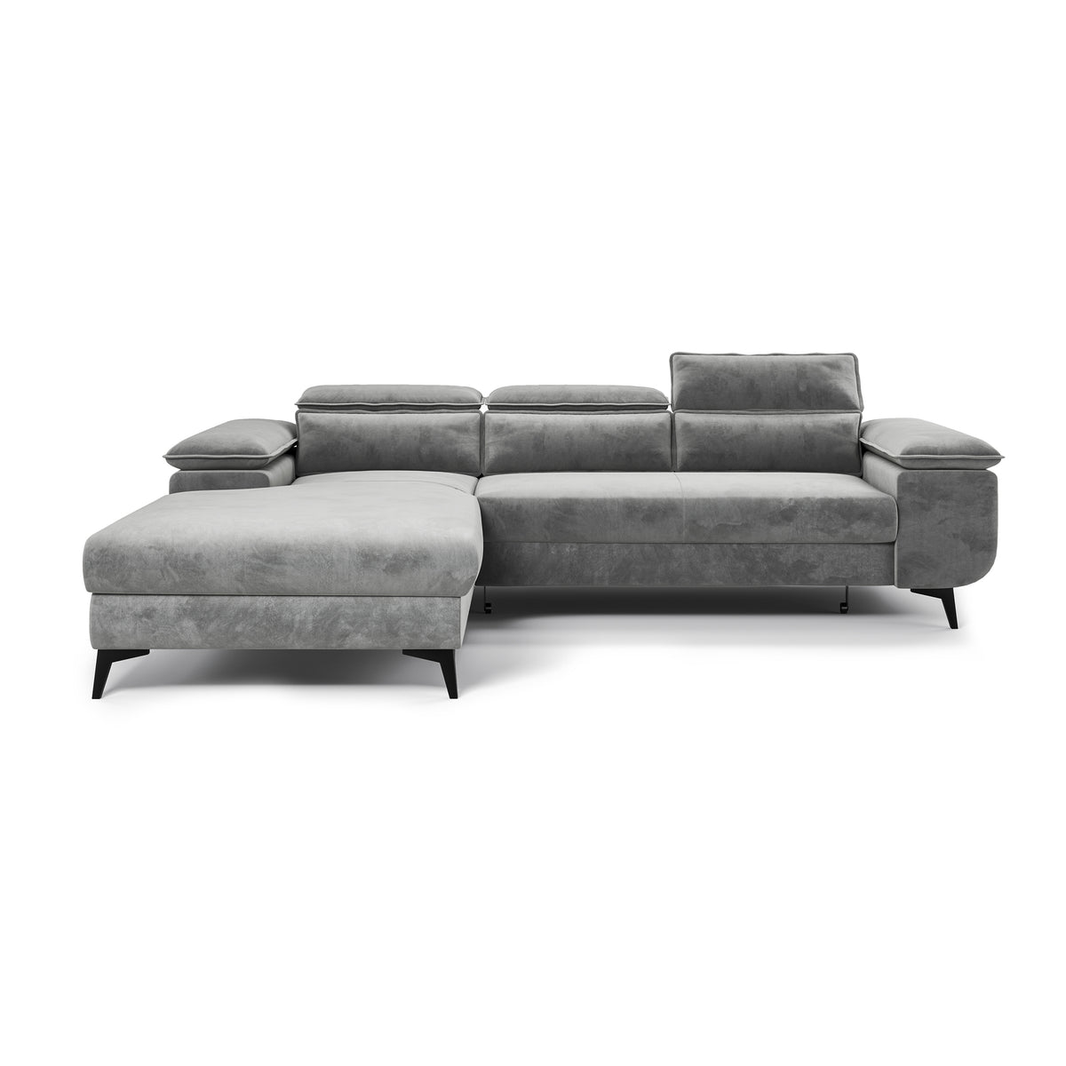 Bessi-hoekbank 276x205, linkszijdig, Asgrijze Mist (MONOLITH 84) – vooraanzicht, chaise longue en hoge zwarte poten