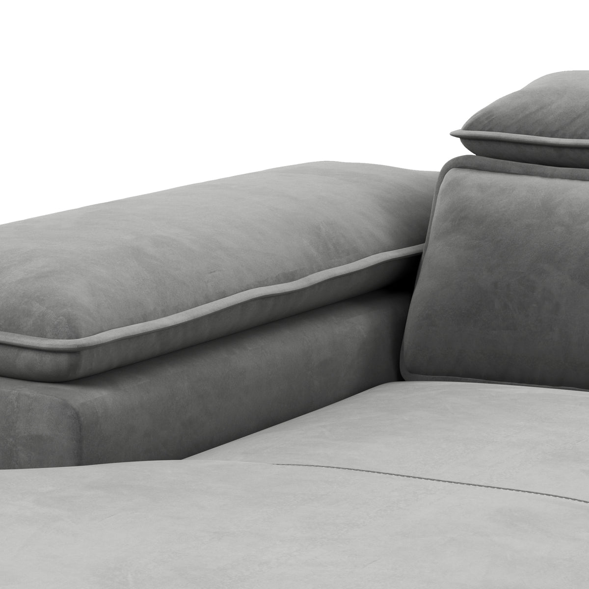 Bessi-hoekbank 276x205 Asgrijze Mist (MONOLITH 84) – close-up van armleuning, hoofdsteun en fluwelen bekleding