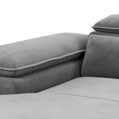 Bessi-hoekbank 276x205 Asgrijze Mist (MONOLITH 84) – close-up van armleuning, hoofdsteun en fluwelen bekleding