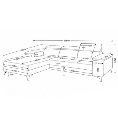 Bessi-hoekbank 276x205 – maatschets met breedte, hoogte, chaise longue en hoofdsteunen