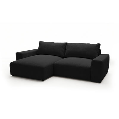 Modulaire hoekbank Iskeli Ravenzwart (ARAGON 99), linkszijdig, schuin aanzicht – hoekbank met chaise longue in Aragon-stof